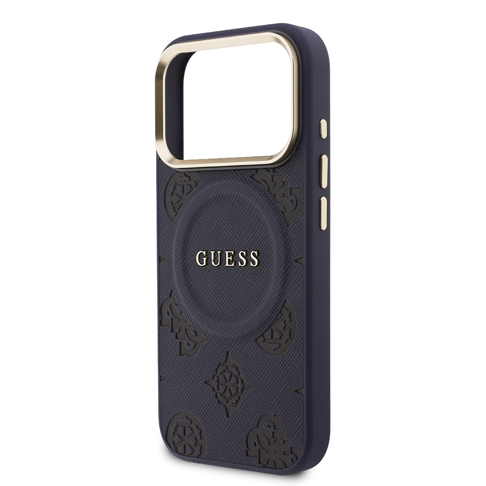Apple iPhone 17 Pro Max Kılıf Guess Orjinal Lisanslı M-safe Şarj Özellikli Sıcak Baskılı Yazı Logolu PU Deri Peony Kapak Lacivert