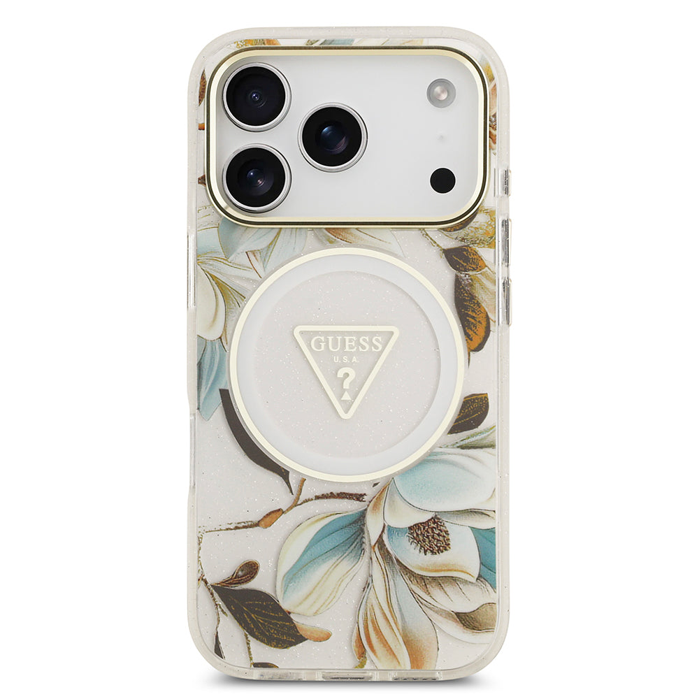 Apple iPhone 17 Pro Max Kılıf Guess Orjinal Lisanslı M-safe Şarj Özellikli Simli Çiçek Desenli Metal Kamera Çerçeveli Üçgen Logolu Kapak Beyaz