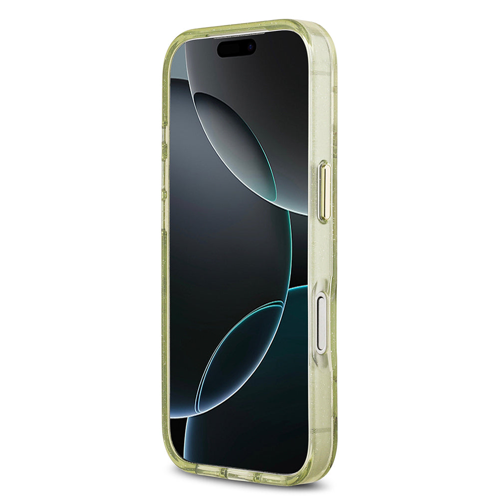 Apple iPhone 17 Pro Max Kılıf Guess Orjinal Lisanslı M-safe Şarj Özellikli Simli Çiçek Desenli Metal Kamera Çerçeveli Üçgen Logolu Kapak Yeşil
