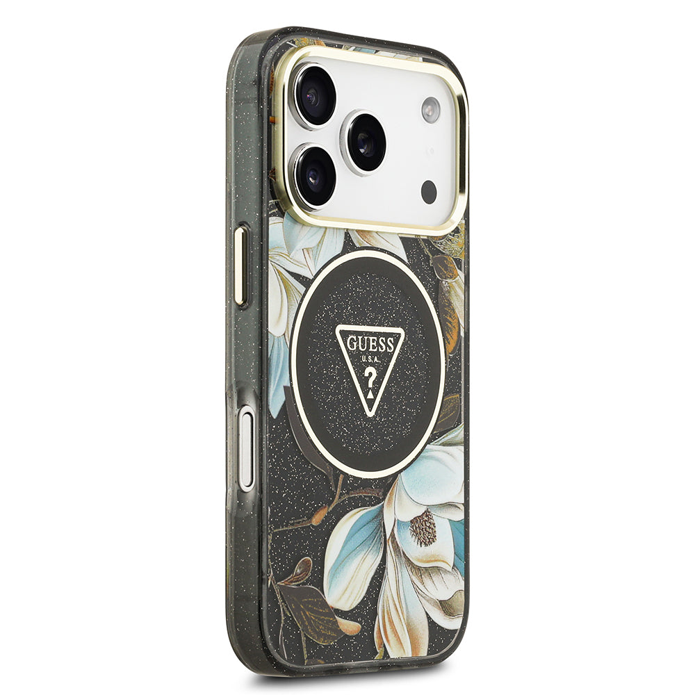 Apple iPhone 17 Pro Max Kılıf Guess Orjinal Lisanslı M-safe Şarj Özellikli Simli Çiçek Desenli Metal Kamera Çerçeveli Üçgen Logolu Kapak Siyah