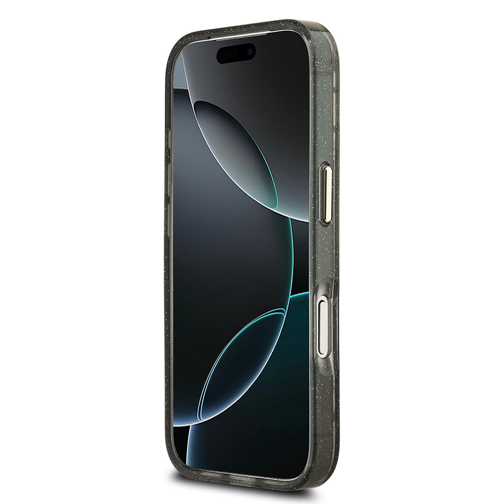 Apple iPhone 17 Pro Max Kılıf Guess Orjinal Lisanslı M-safe Şarj Özellikli Simli Çiçek Desenli Metal Kamera Çerçeveli Üçgen Logolu Kapak Siyah