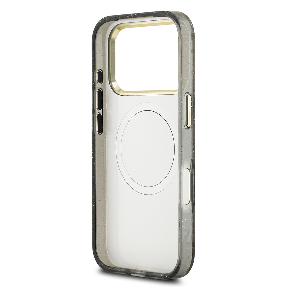 Apple iPhone 17 Pro Max Kılıf Guess Orjinal Lisanslı M-safe Şarj Özellikli Simli Çiçek Desenli Metal Kamera Çerçeveli Üçgen Logolu Kapak Siyah