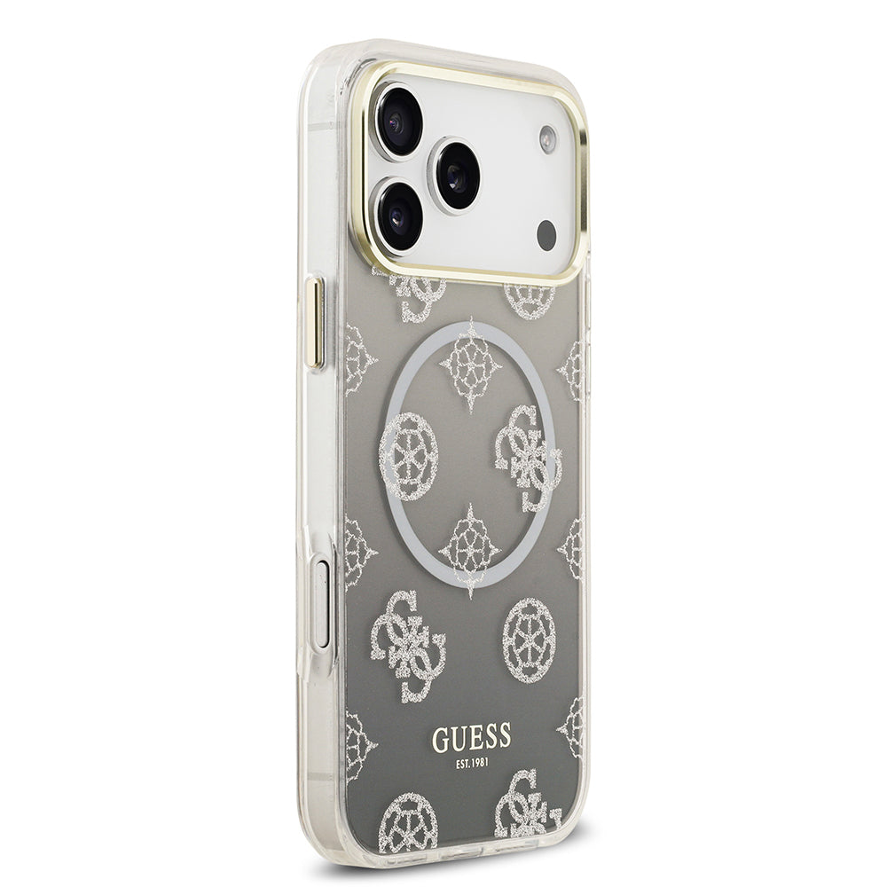 Apple iPhone 17 Pro Max Kılıf Guess Orjinal Lisanslı M-safe Şarj Özellikli Simli Peony Desenli Silikon Kapak Siyah
