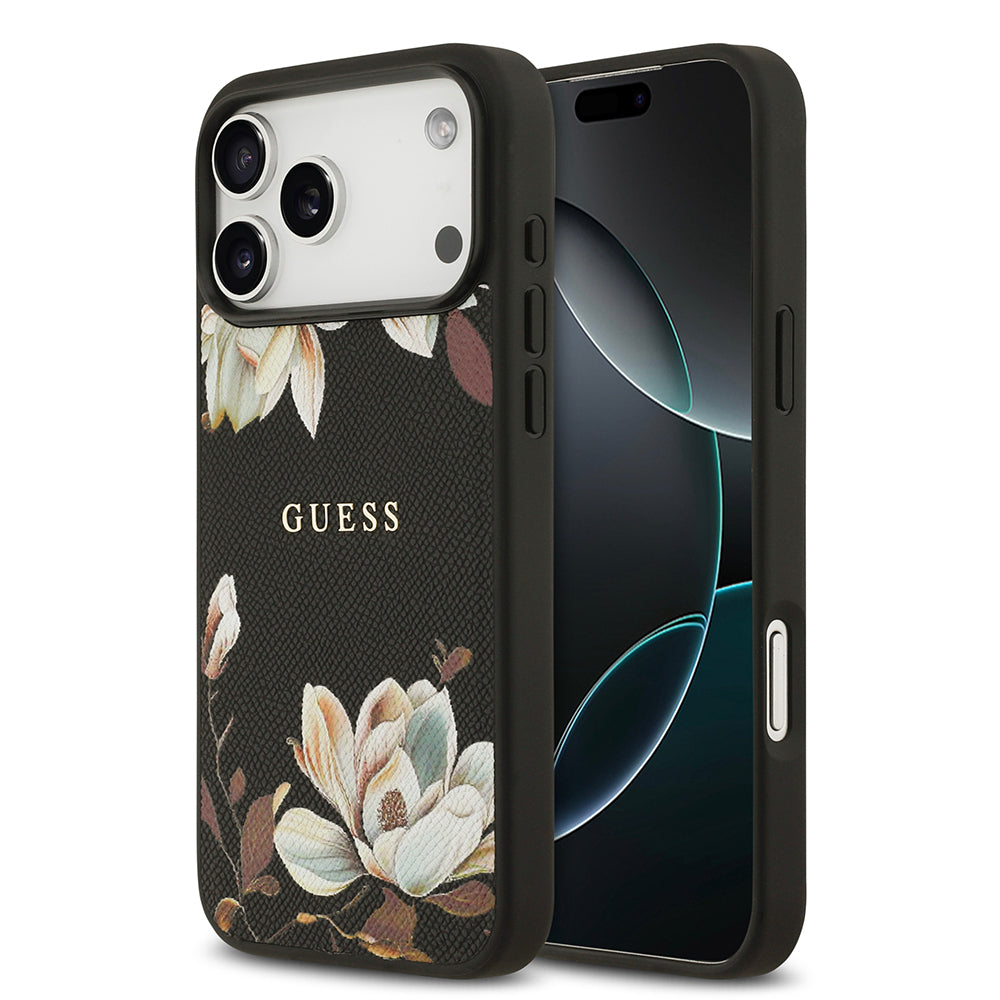 Apple iPhone 17 Pro Max Kılıf Guess Orjinal Lisanslı M-safe Şarj Özellikli Taneli Çiçek Tasarımlı Metal Yazı Logolu Kapak Siyah