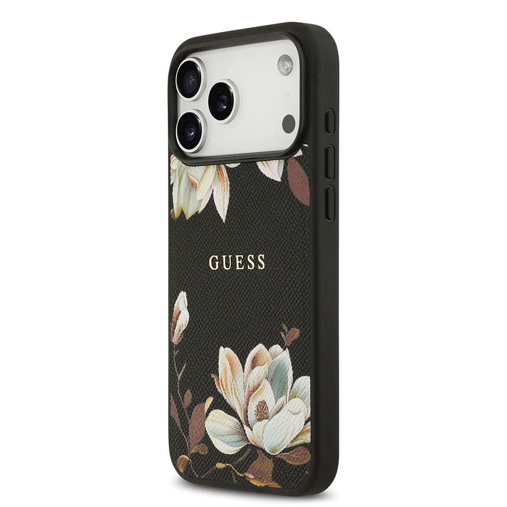 Apple iPhone 17 Pro Max Kılıf Guess Orjinal Lisanslı M-safe Şarj Özellikli Taneli Çiçek Tasarımlı Metal Yazı Logolu Kapak Siyah