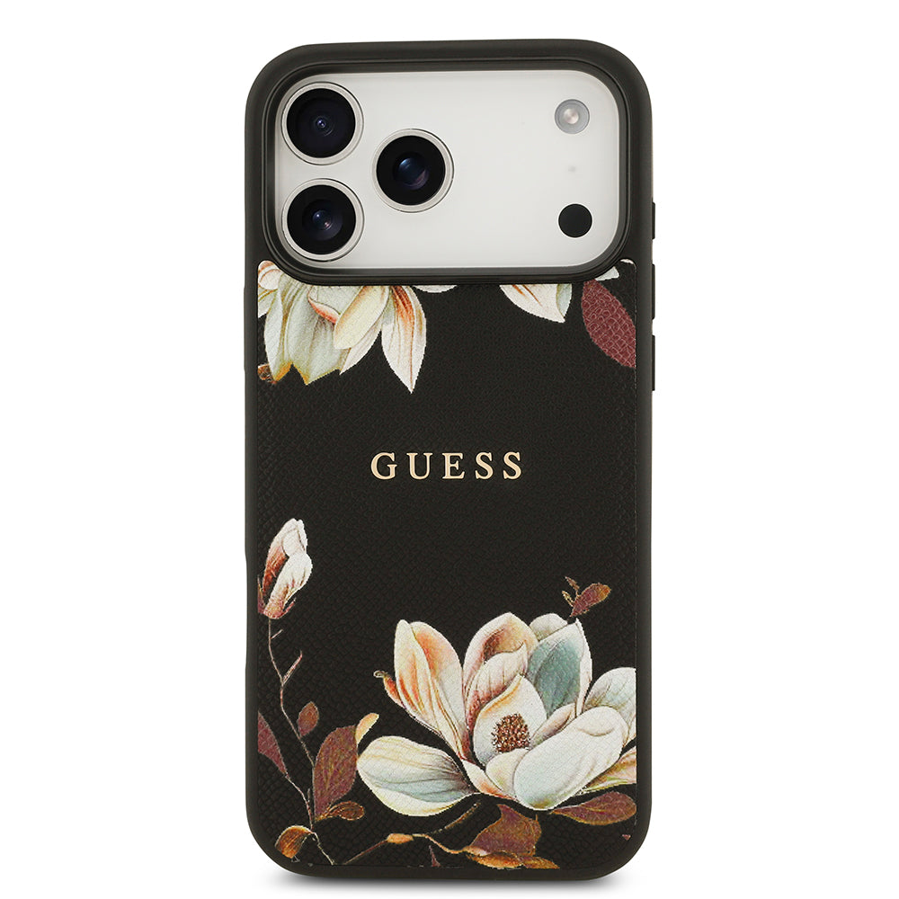 Apple iPhone 17 Pro Max Kılıf Guess Orjinal Lisanslı M-safe Şarj Özellikli Taneli Çiçek Tasarımlı Metal Yazı Logolu Kapak Siyah