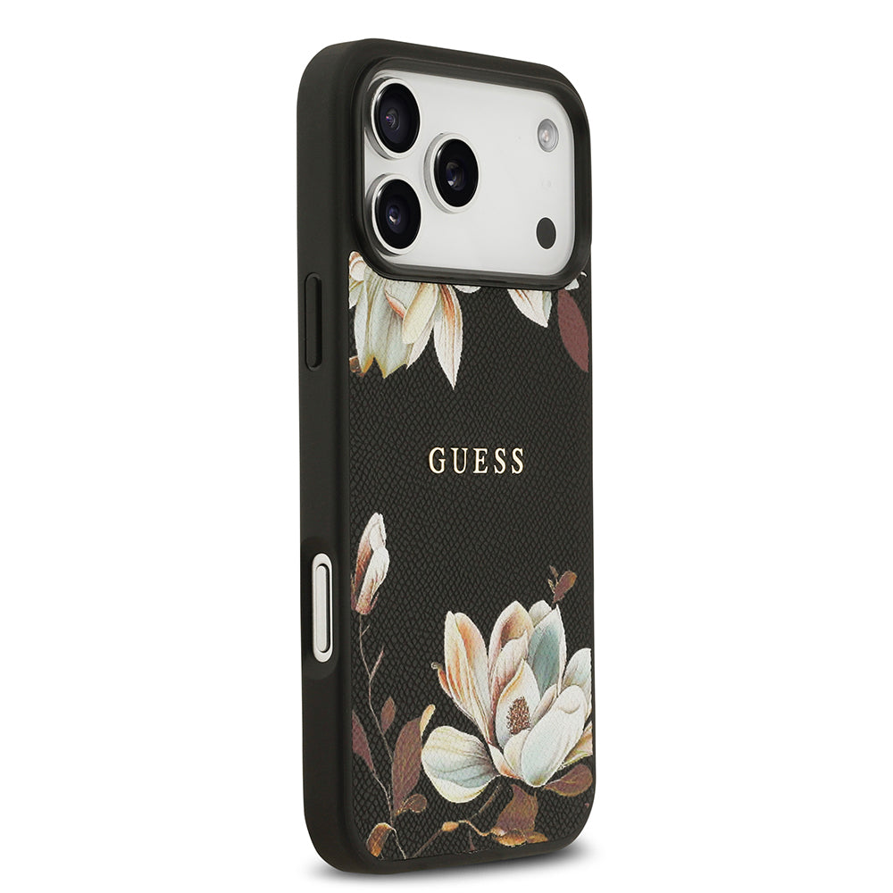 Apple iPhone 17 Pro Max Kılıf Guess Orjinal Lisanslı M-safe Şarj Özellikli Taneli Çiçek Tasarımlı Metal Yazı Logolu Kapak Siyah