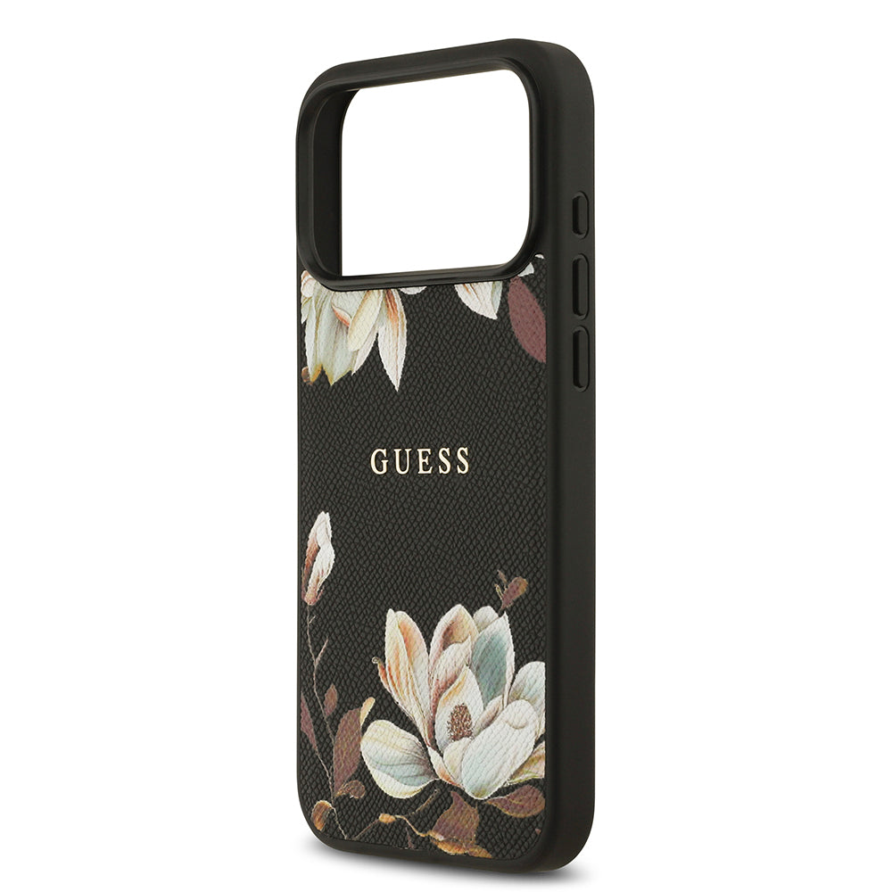 Apple iPhone 17 Pro Max Kılıf Guess Orjinal Lisanslı M-safe Şarj Özellikli Taneli Çiçek Tasarımlı Metal Yazı Logolu Kapak Siyah