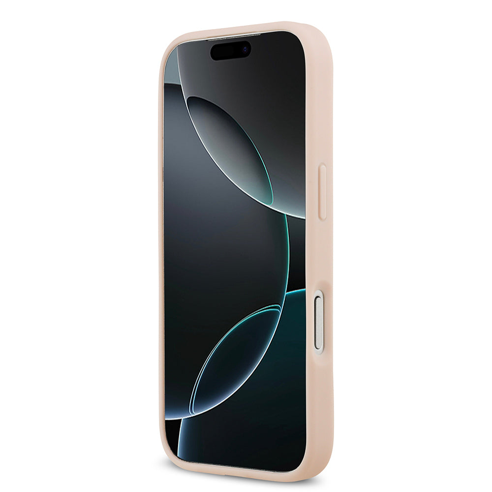 Apple iPhone 17 Pro Max Kılıf Guess Orjinal Lisanslı M-safe Şarj Özellikli Taneli Çiçek Tasarımlı Metal Yazı Logolu Kapak Pembe