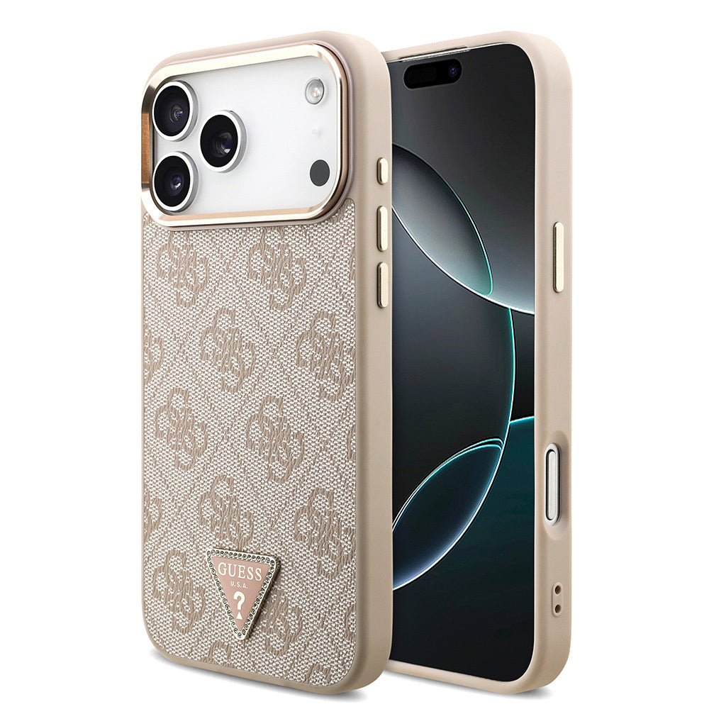 Apple iPhone 17 Pro Max Kılıf Guess Orjinal Lisanslı M-safe Şarj Özellikli Taşlı Üçgen Logo 4G Desenli Kapak Pembe