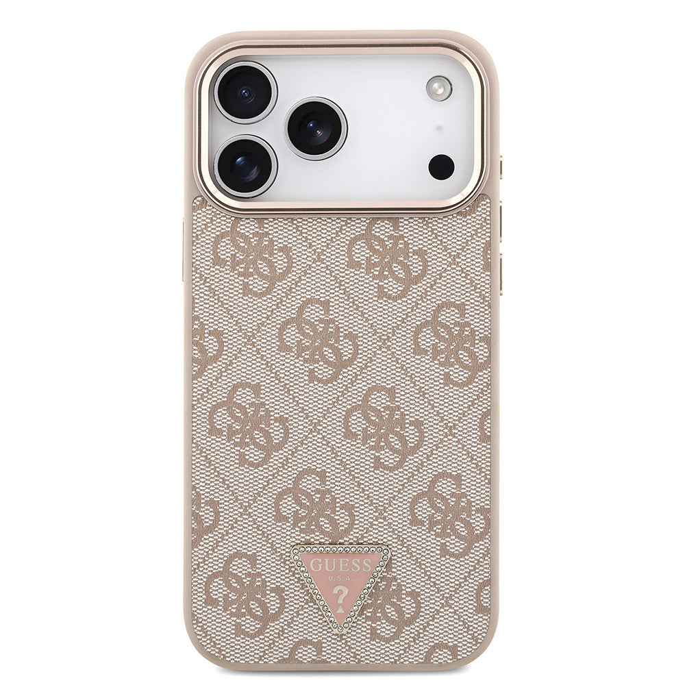 Apple iPhone 17 Pro Max Kılıf Guess Orjinal Lisanslı M-safe Şarj Özellikli Taşlı Üçgen Logo 4G Desenli Kapak Pembe