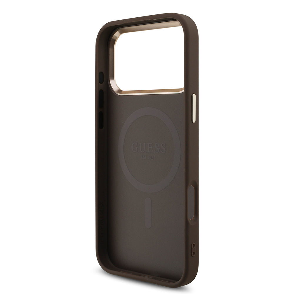 Apple iPhone 17 Pro Max Kılıf Guess Orjinal Lisanslı M-safe Şarj Özellikli Taşlı Üçgen Logo 4G Desenli Kapak Kahverengi