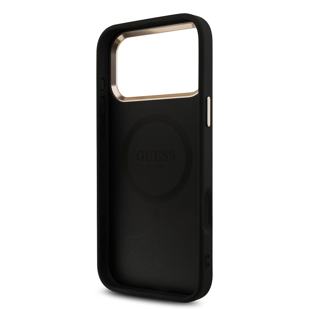 Apple iPhone 17 Pro Max Kılıf Guess Orjinal Lisanslı M-safe Şarj Özellikli Taşlı Üçgen Logo 4G Desenli Kapak Siyah