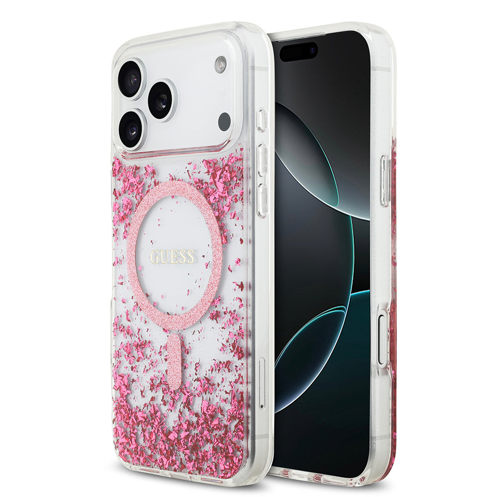 Apple iPhone 17 Pro Max Kılıf Guess Orjinal Lisanslı M-safe Şarj Özellikli Transparan Resin Bottom Kapak Pembe