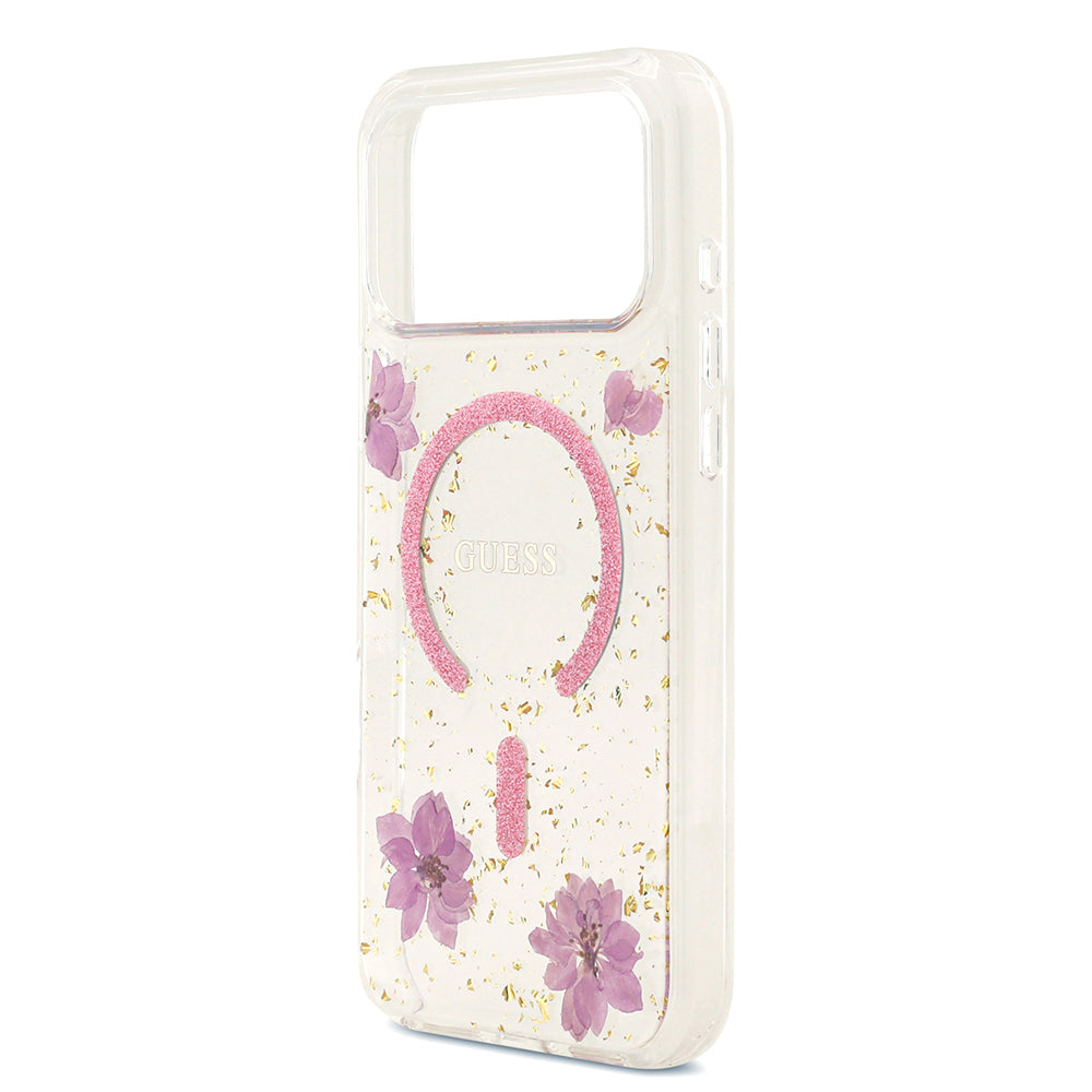Apple iPhone 17 Pro Max Kılıf Guess Orjinal Lisanslı M-safe Şarj Özellikli Transparan Resin Flowers Kapak Pembe
