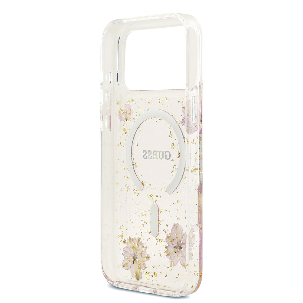 Apple iPhone 17 Pro Max Kılıf Guess Orjinal Lisanslı M-safe Şarj Özellikli Transparan Resin Flowers Kapak Pembe