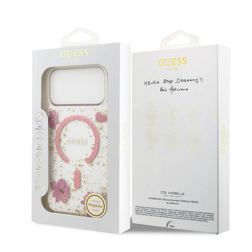 Apple iPhone 17 Pro Max Kılıf Guess Orjinal Lisanslı M-safe Şarj Özellikli Transparan Resin Flowers Kapak Pembe