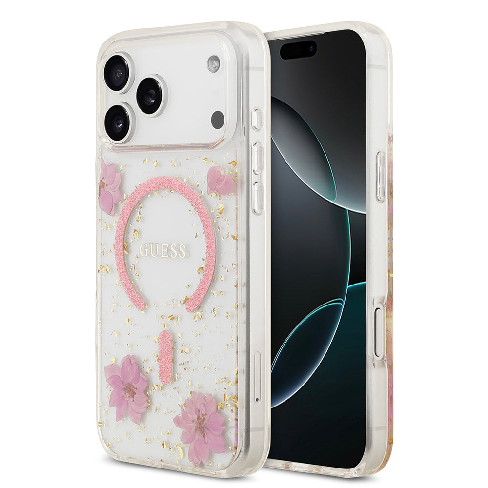 Apple iPhone 17 Pro Max Kılıf Guess Orjinal Lisanslı M-safe Şarj Özellikli Transparan Resin Flowers Kapak Pembe