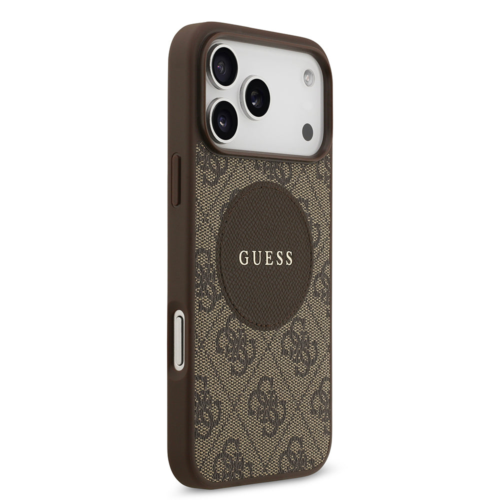 Apple iPhone 17 Pro Max Kılıf Guess Orjinal Lisanslı M-safe Şarj Özellikli Yazı Logolu Circle Classic Kapak Kahverengi