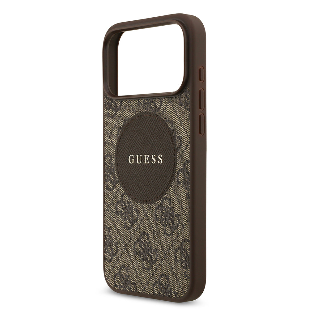 Apple iPhone 17 Pro Max Kılıf Guess Orjinal Lisanslı M-safe Şarj Özellikli Yazı Logolu Circle Classic Kapak Kahverengi