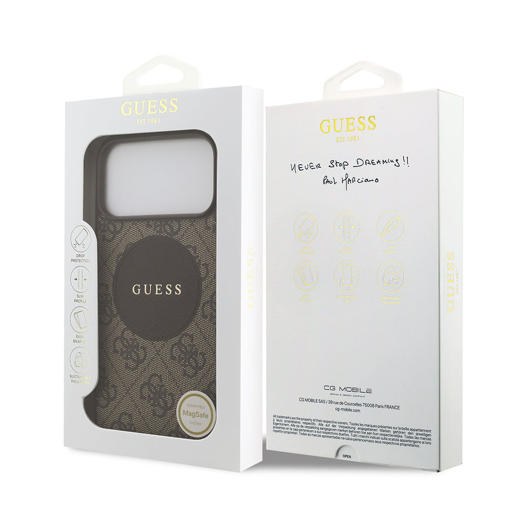 Apple iPhone 17 Pro Max Kılıf Guess Orjinal Lisanslı M-safe Şarj Özellikli Yazı Logolu Circle Classic Kapak Kahverengi