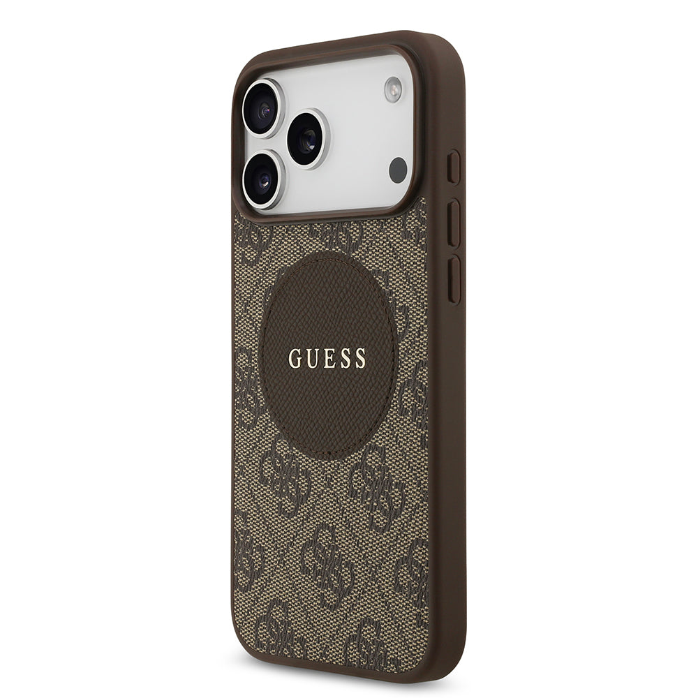Apple iPhone 17 Pro Max Kılıf Guess Orjinal Lisanslı M-safe Şarj Özellikli Yazı Logolu Circle Classic Kapak Kahverengi