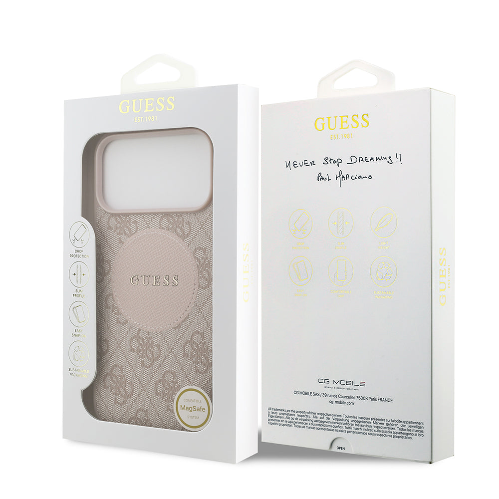 Apple iPhone 17 Pro Max Kılıf Guess Orjinal Lisanslı M-safe Şarj Özellikli Yazı Logolu Circle Classic Kapak Pembe