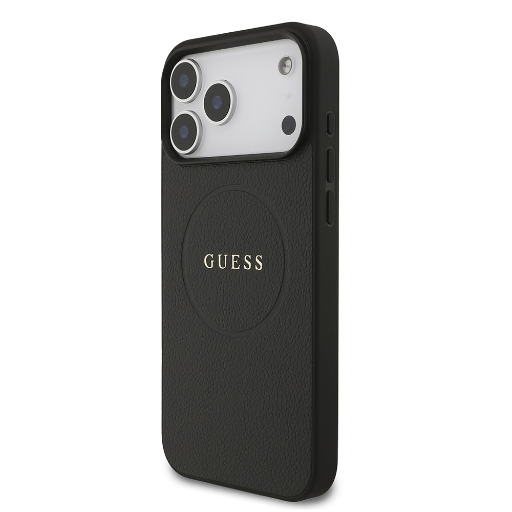 Apple iPhone 17 Pro Max Kılıf Guess Orjinal Lisanslı M-safe Şarj Özellikli Yazı Logolu PU Deri Kapak Siyah
