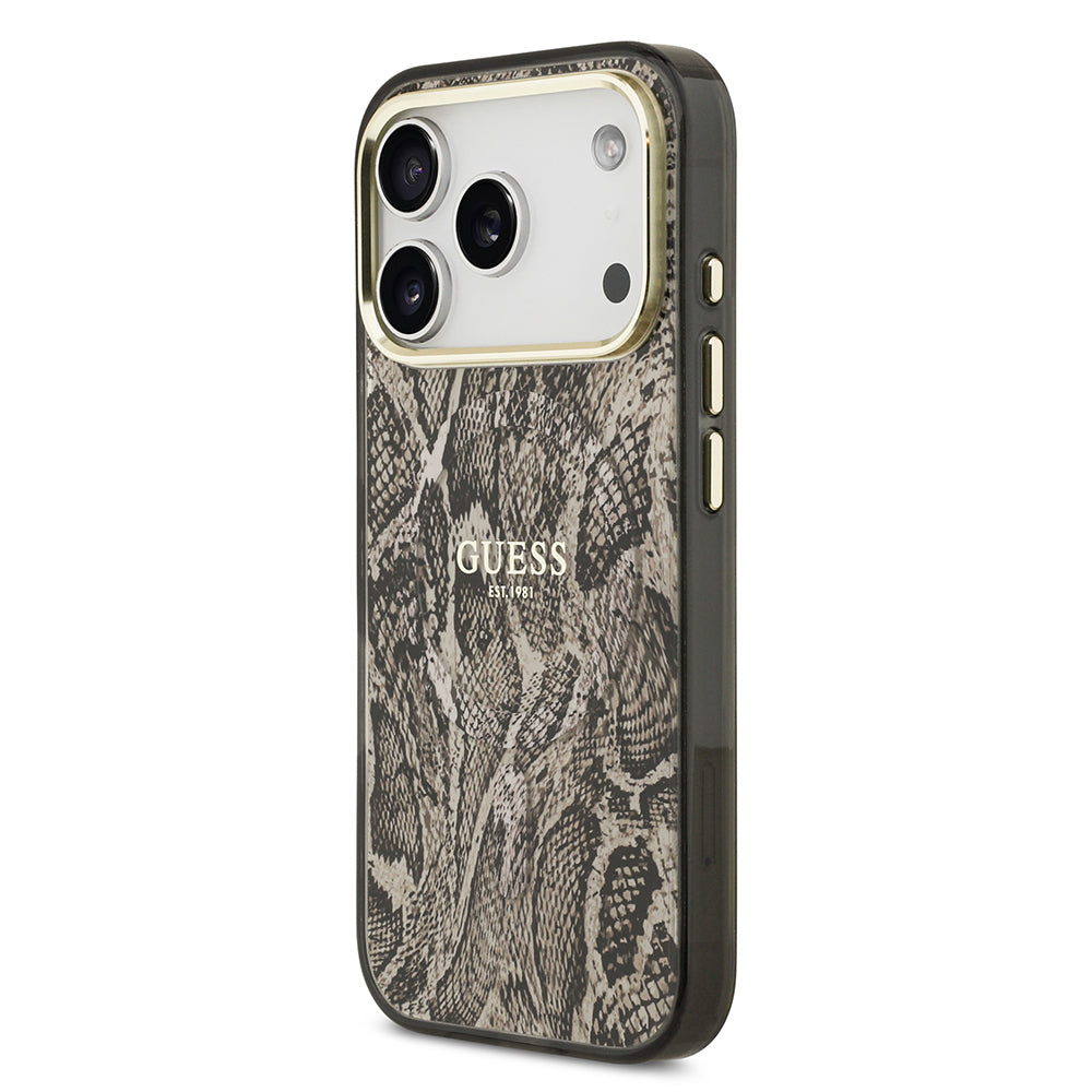 Apple iPhone 17 Pro Max Kılıf Guess Orjinal Lisanslı M-safe Şarj Özellikli Yazı Logolu Python Desenli Kapak Kahverengi