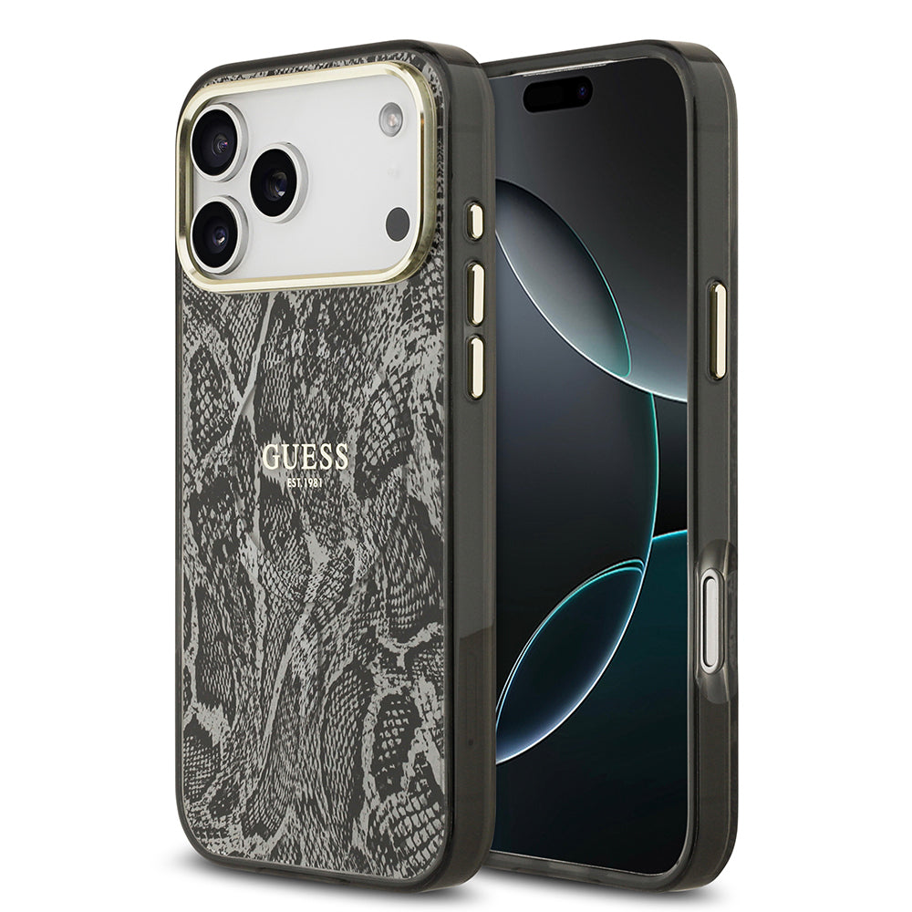 Apple iPhone 17 Pro Max Kılıf Guess Orjinal Lisanslı M-safe Şarj Özellikli Yazı Logolu Python Desenli Kapak Siyah