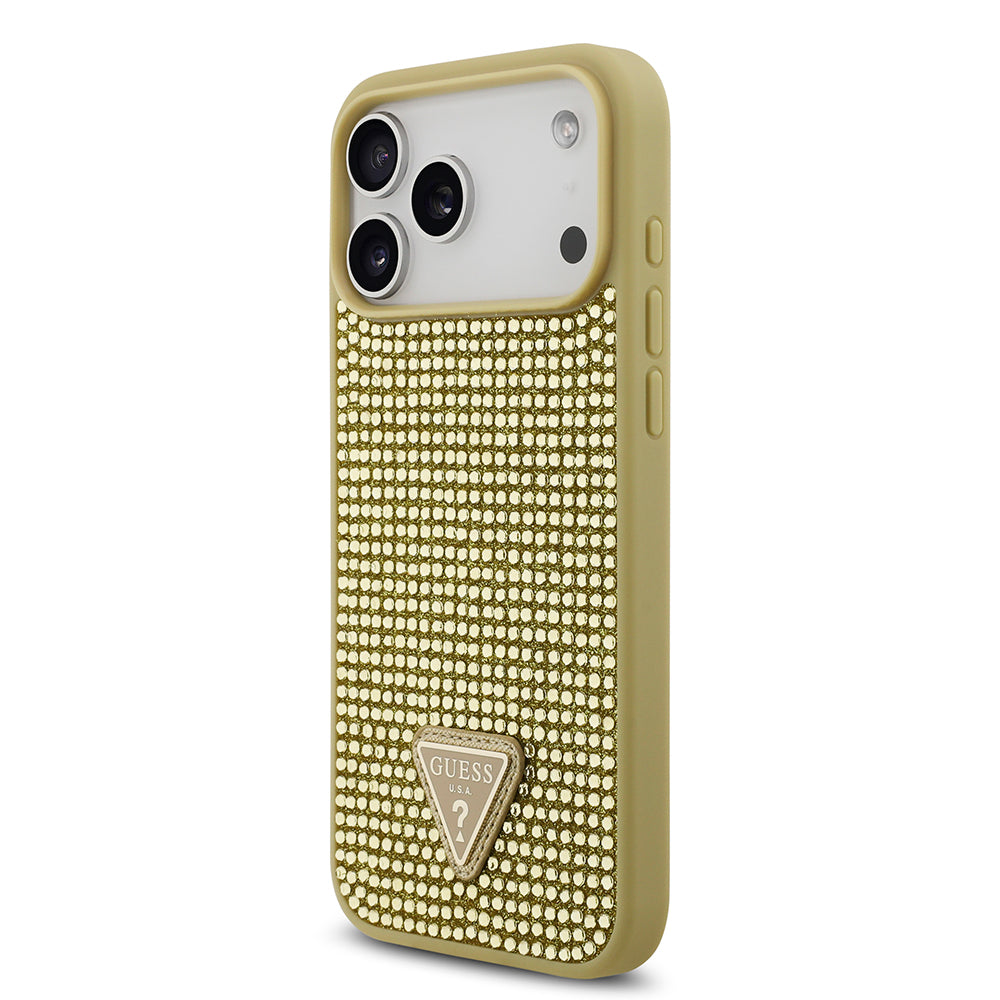 Apple iPhone 17 Pro Max Kılıf Guess Orjinal Lisanslı Taşlı Arka Yüzey Üçgen Logolu Kapak Gold