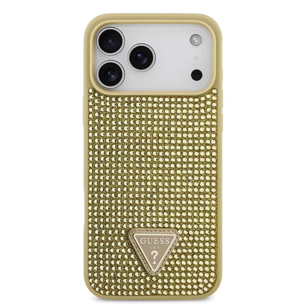 Apple iPhone 17 Pro Max Kılıf Guess Orjinal Lisanslı Taşlı Arka Yüzey Üçgen Logolu Kapak Gold