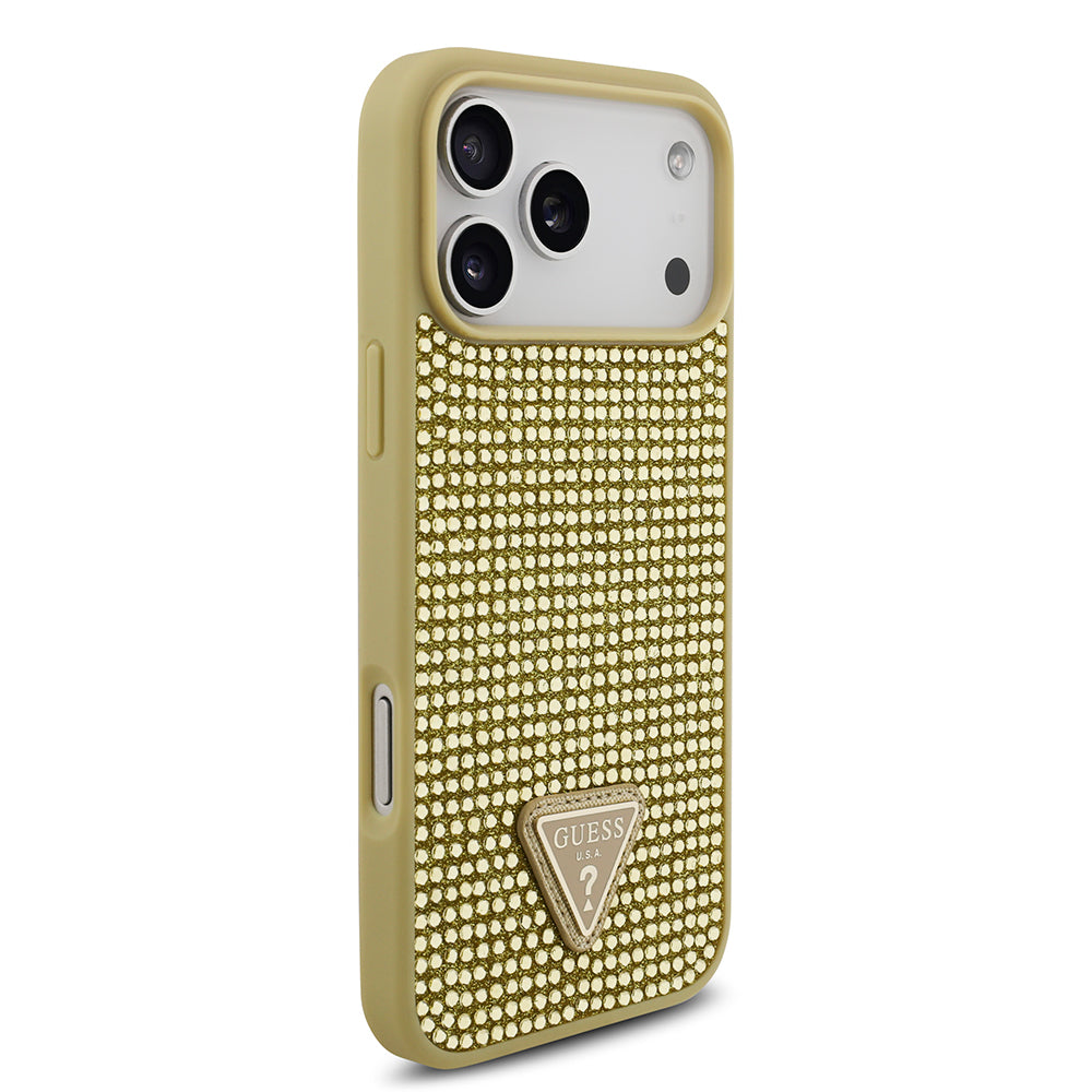 Apple iPhone 17 Pro Max Kılıf Guess Orjinal Lisanslı Taşlı Arka Yüzey Üçgen Logolu Kapak Gold