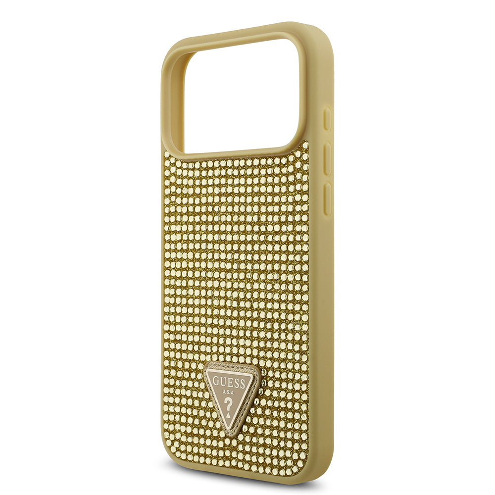 Apple iPhone 17 Pro Max Kılıf Guess Orjinal Lisanslı Taşlı Arka Yüzey Üçgen Logolu Kapak Gold