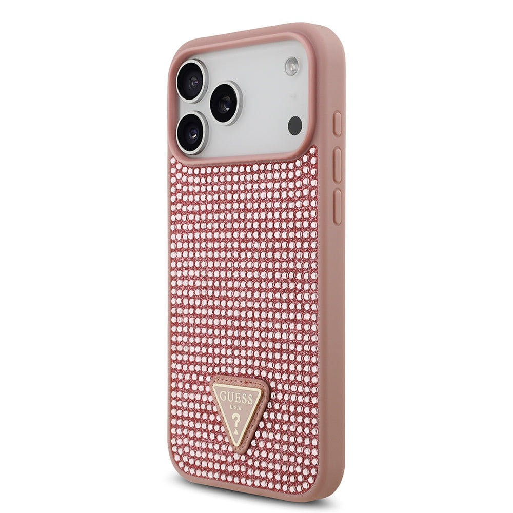 Apple iPhone 17 Pro Max Kılıf Guess Orjinal Lisanslı Taşlı Arka Yüzey Üçgen Logolu Kapak Pembe