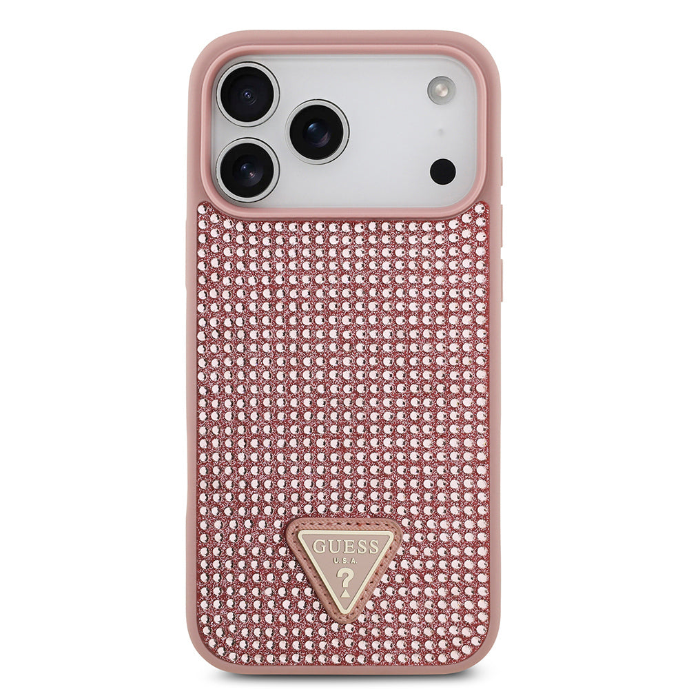 Apple iPhone 17 Pro Max Kılıf Guess Orjinal Lisanslı Taşlı Arka Yüzey Üçgen Logolu Kapak Pembe