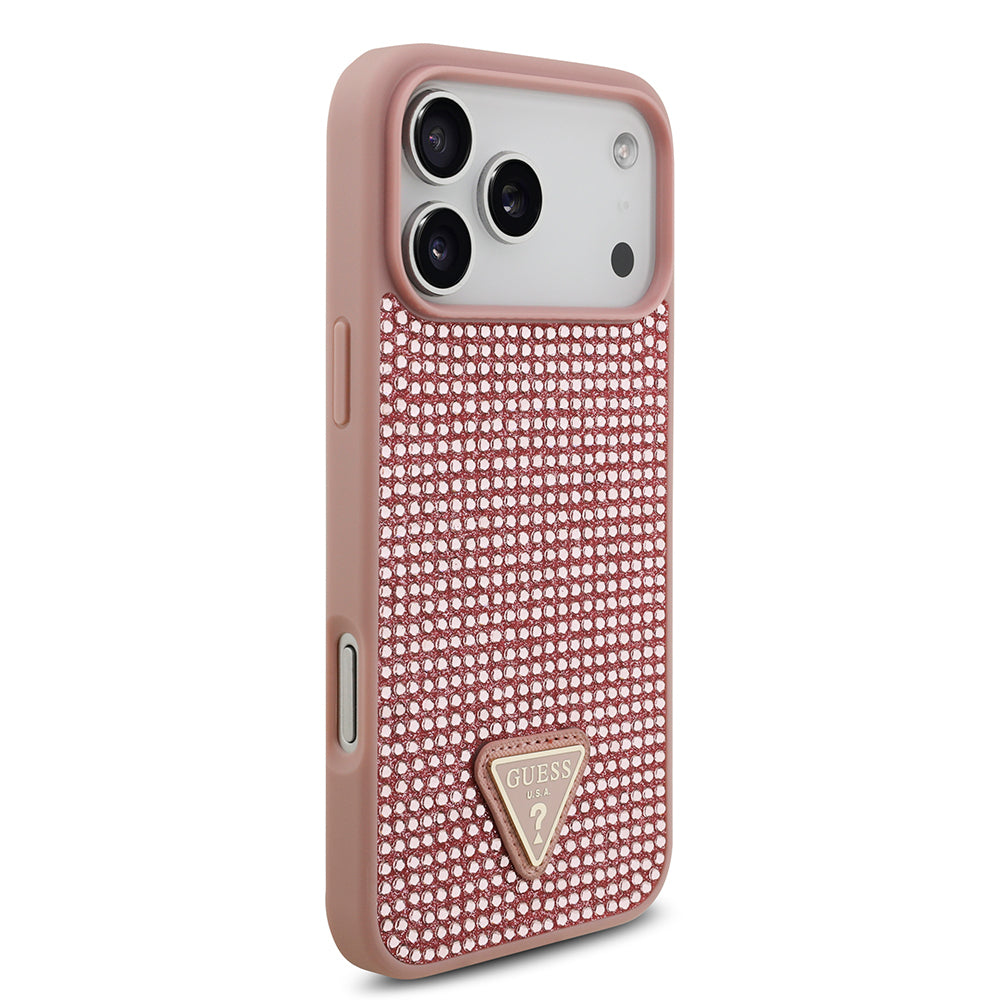 Apple iPhone 17 Pro Max Kılıf Guess Orjinal Lisanslı Taşlı Arka Yüzey Üçgen Logolu Kapak Pembe