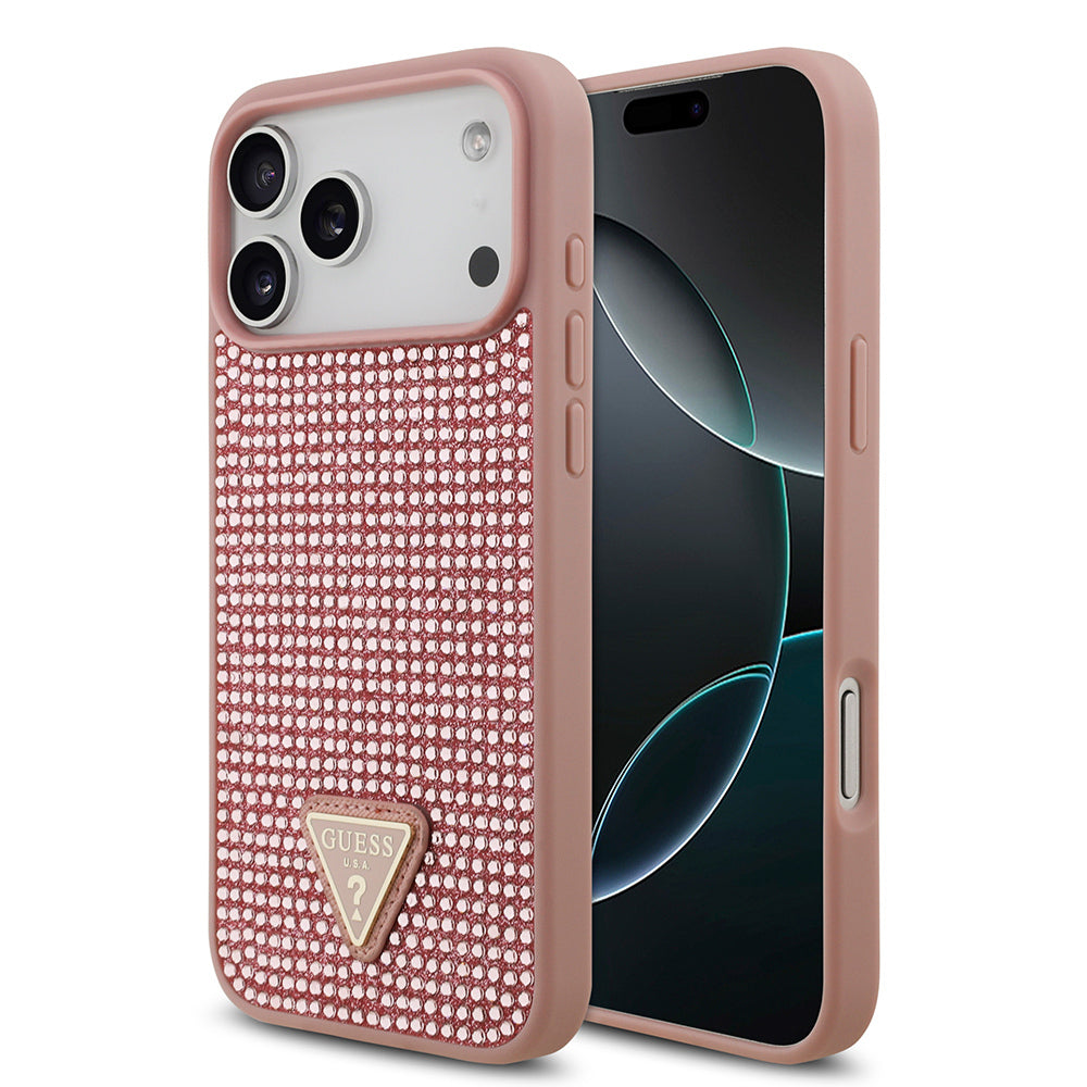 Apple iPhone 17 Pro Max Kılıf Guess Orjinal Lisanslı Taşlı Arka Yüzey Üçgen Logolu Kapak Pembe
