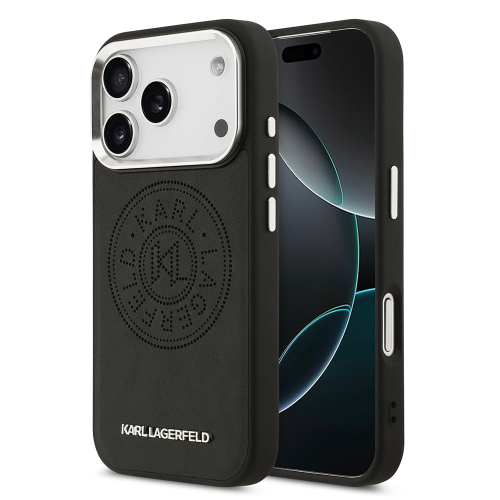 Apple iPhone 17 Pro Max Kılıf Karl Lagerfeld Orjinal Lisanslı M-safe Şarj Özellikli Delikli Tasarım Metal Logolu PU Deri Kapak Siyah
