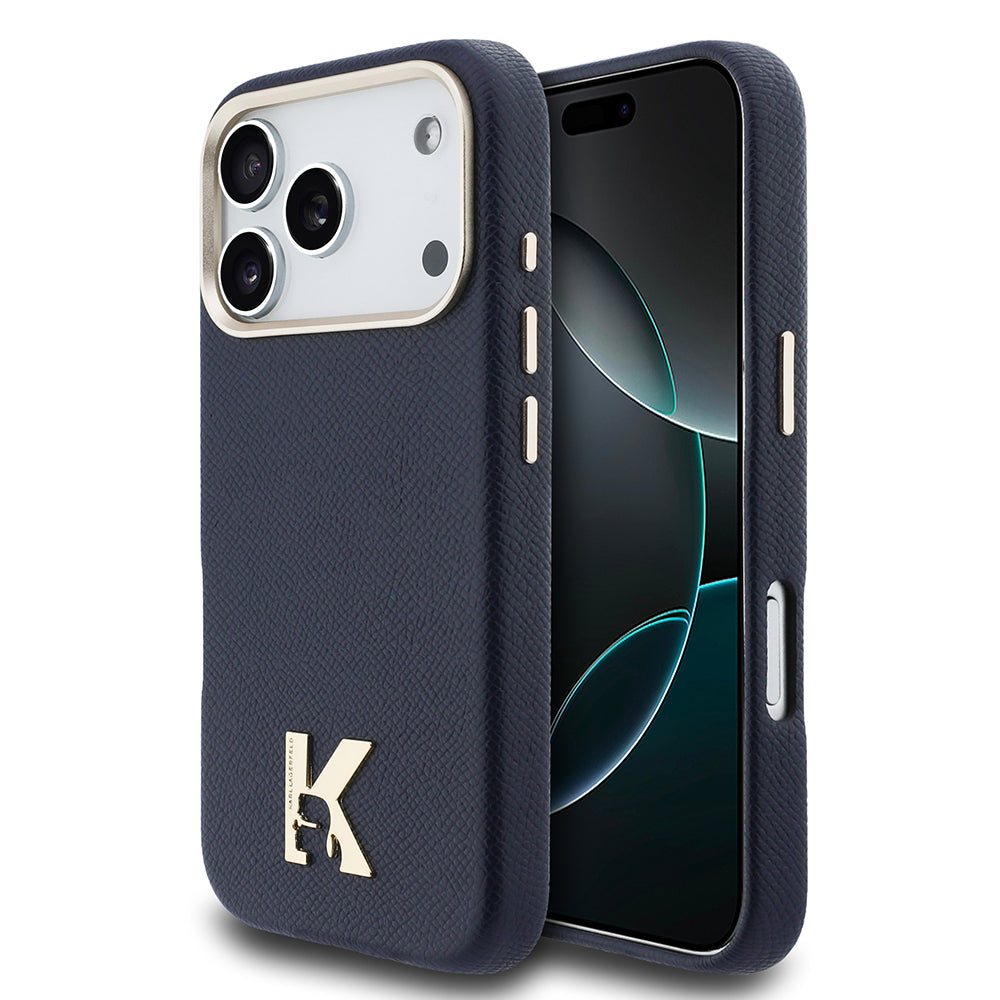 Apple iPhone 17 Pro Max Kılıf Karl Lagerfeld Orjinal Lisanslı M-safe Şarj Özellikli Gold Kamera Çerçeveli KHEAD Metal Logolu PU Deri Kapak Lacivert