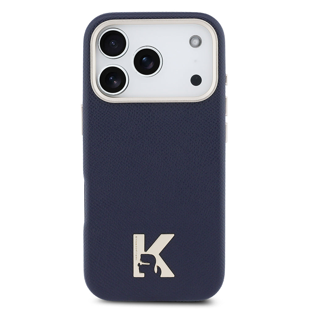 Apple iPhone 17 Pro Max Kılıf Karl Lagerfeld Orjinal Lisanslı M-safe Şarj Özellikli Gold Kamera Çerçeveli KHEAD Metal Logolu PU Deri Kapak Lacivert
