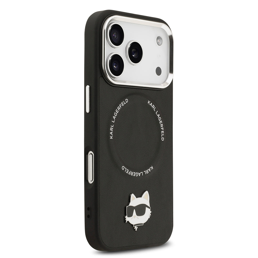 Apple iPhone 17 Pro Max Kılıf Karl Lagerfeld Orjinal Lisanslı M-safe Şarj Özellikli Metal Kamera ve Buton Tasarımlı Choupette PU Deri Kapak Siyah