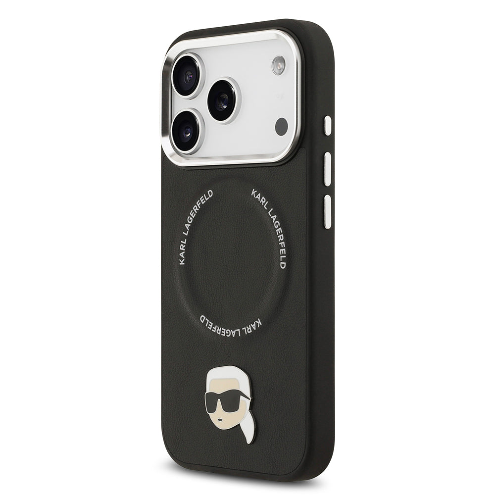 Apple iPhone 17 Pro Max Kılıf Karl Lagerfeld Orjinal Lisanslı M-safe Şarj Özellikli Metal Kamera ve Buton Tasarımlı Karl PU Deri Kapak Siyah
