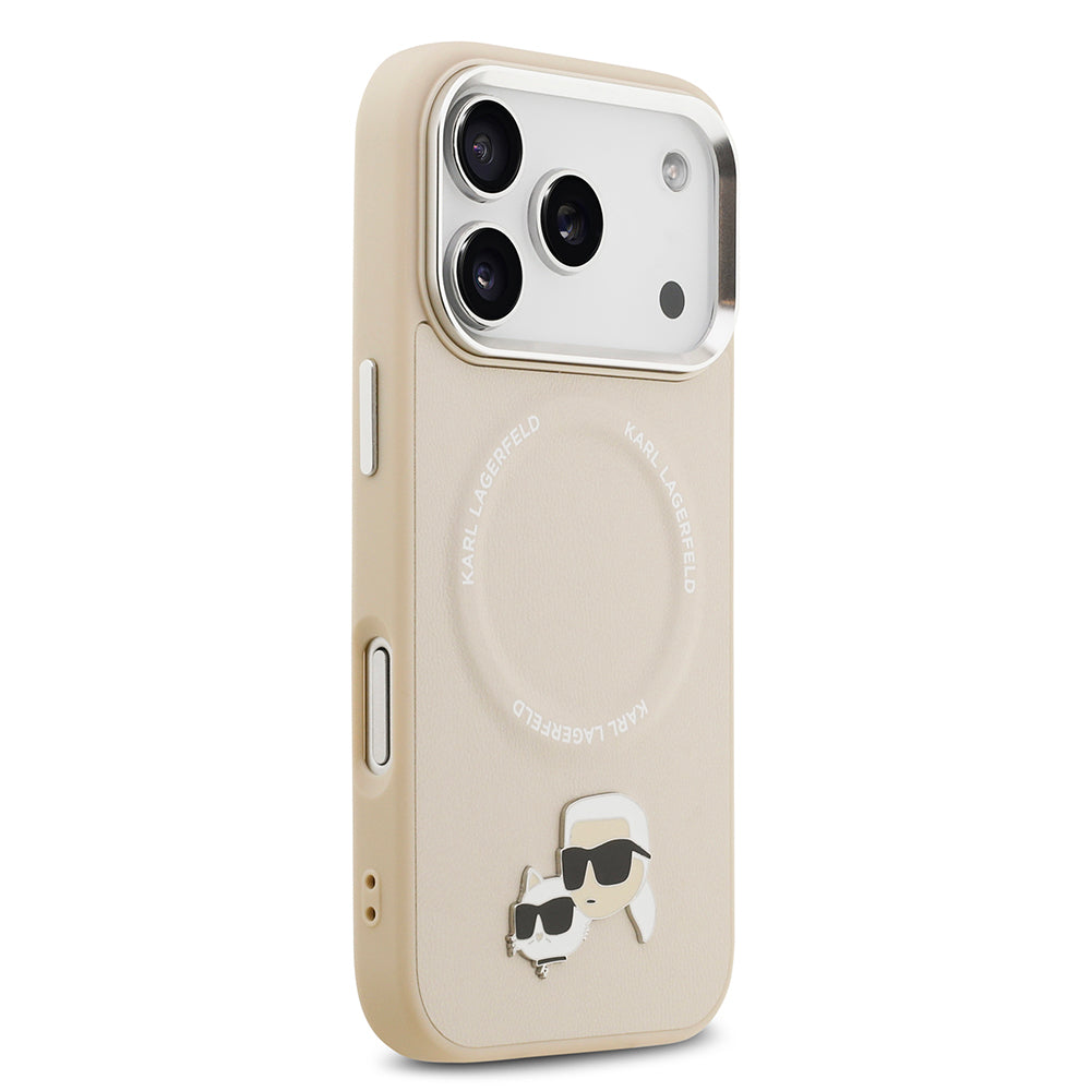 Apple iPhone 17 Pro Max Kılıf Karl Lagerfeld Orjinal Lisanslı M-safe Şarj Özellikli Metal Kamera ve Buton Tasarımlı K&C PU Deri Kapak Bej
