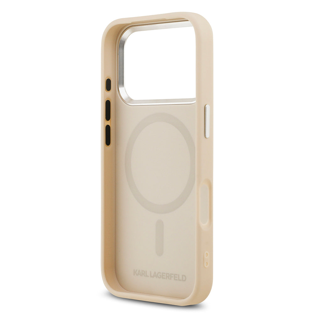 Apple iPhone 17 Pro Max Kılıf Karl Lagerfeld Orjinal Lisanslı M-safe Şarj Özellikli Metal Kamera ve Buton Tasarımlı K&C PU Deri Kapak Bej