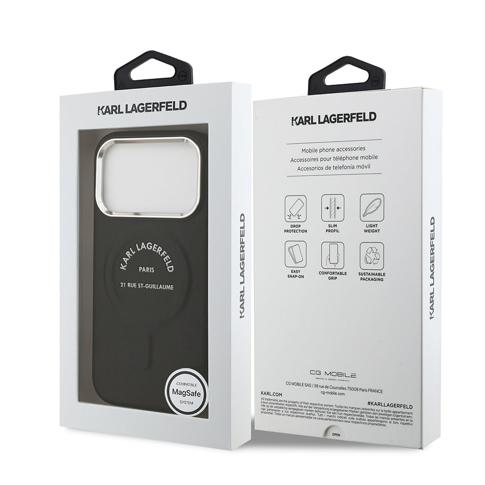 Apple iPhone 17 Pro Max Kılıf Karl Lagerfeld Orjinal Lisanslı M-safe Şarj Özellikli Metal Kamera ve Buton Tasarımlı Paris RSG PU Deri Kapak Siyah