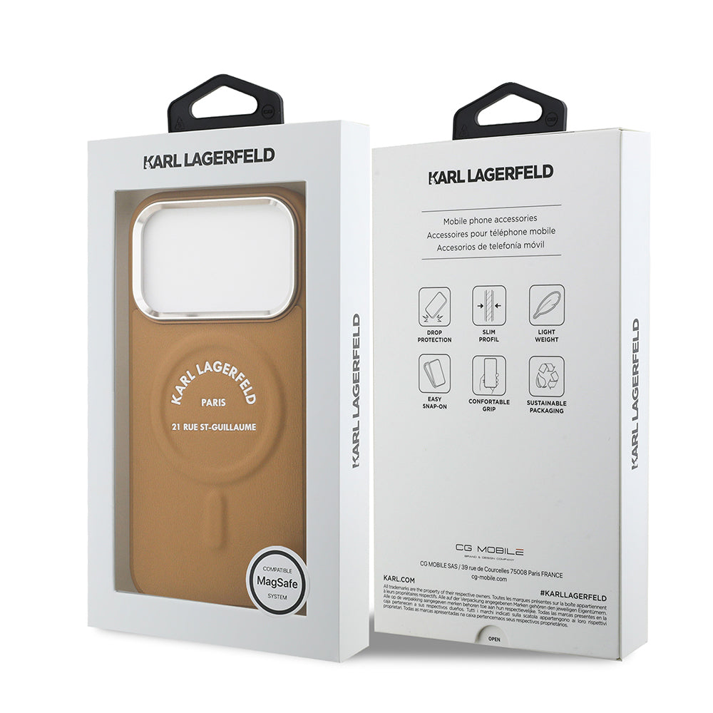 Apple iPhone 17 Pro Max Kılıf Karl Lagerfeld Orjinal Lisanslı M-safe Şarj Özellikli Metal Kamera ve Buton Tasarımlı Paris RSG PU Deri Kapak Kahverengi