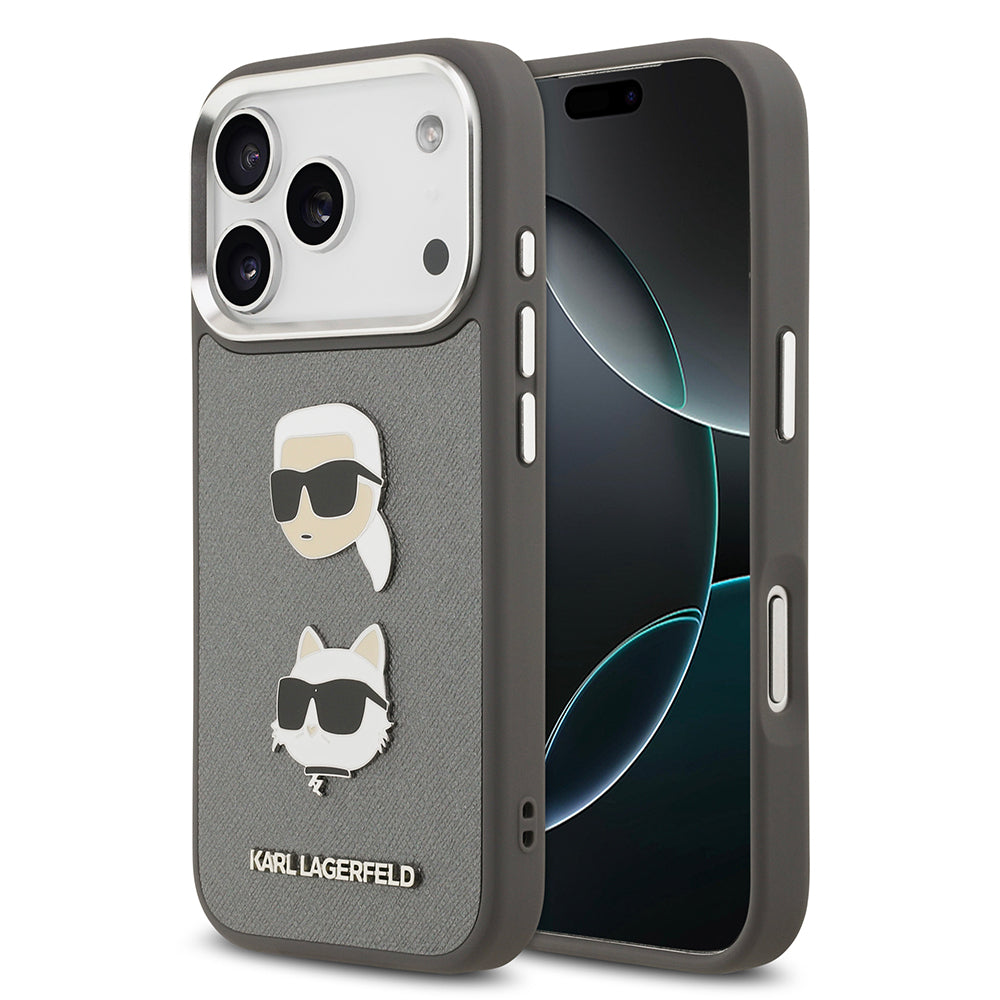 Apple iPhone 17 Pro Max Kılıf Karl Lagerfeld Orjinal Lisanslı Metal Logolu K&C Heads Pin Kapak Gri