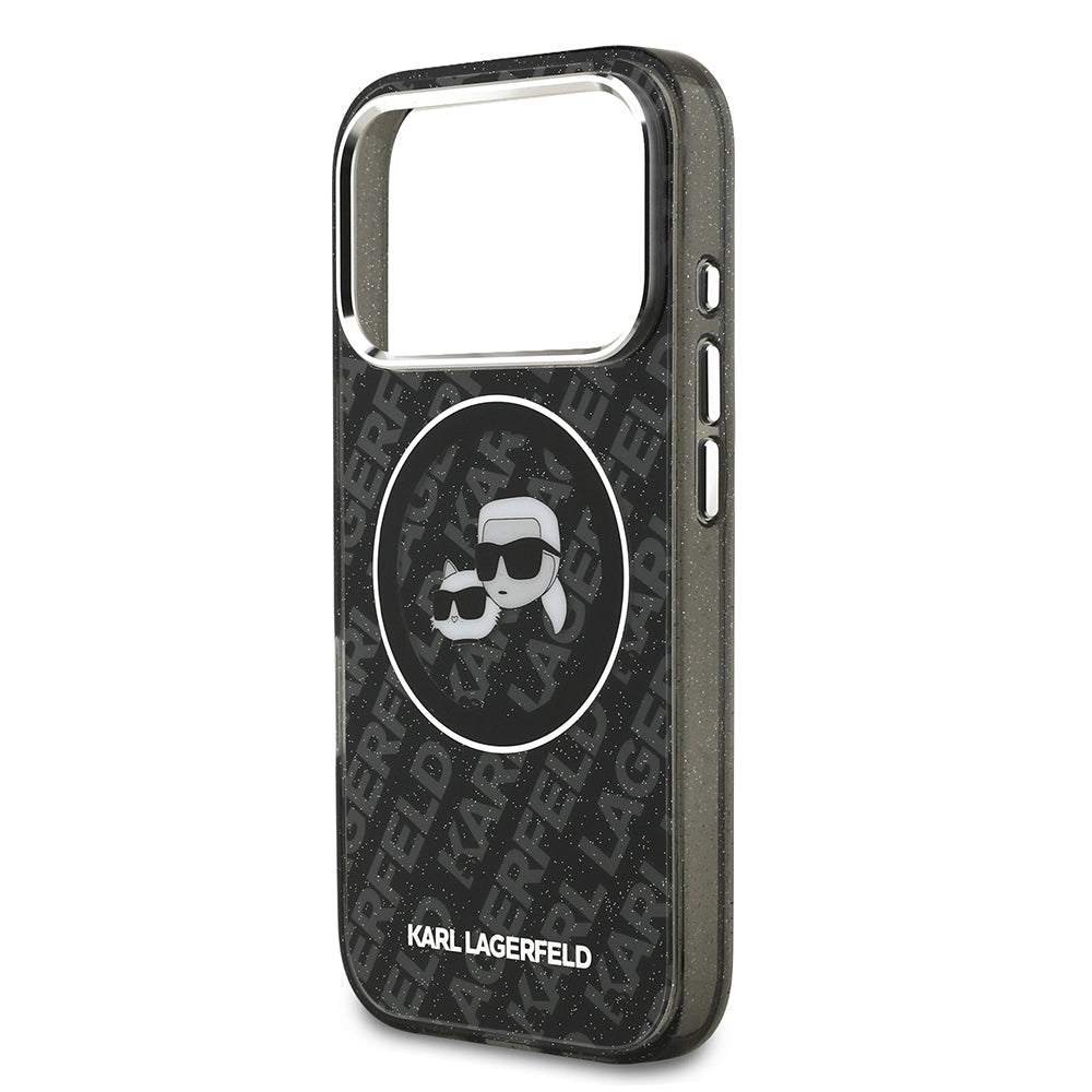Apple iPhone 17 Pro Max Kılıf Karl Lagerfeld Orjinal Lisanslı Parlayan Simli Karl & Choupette Heads Kapak Siyah