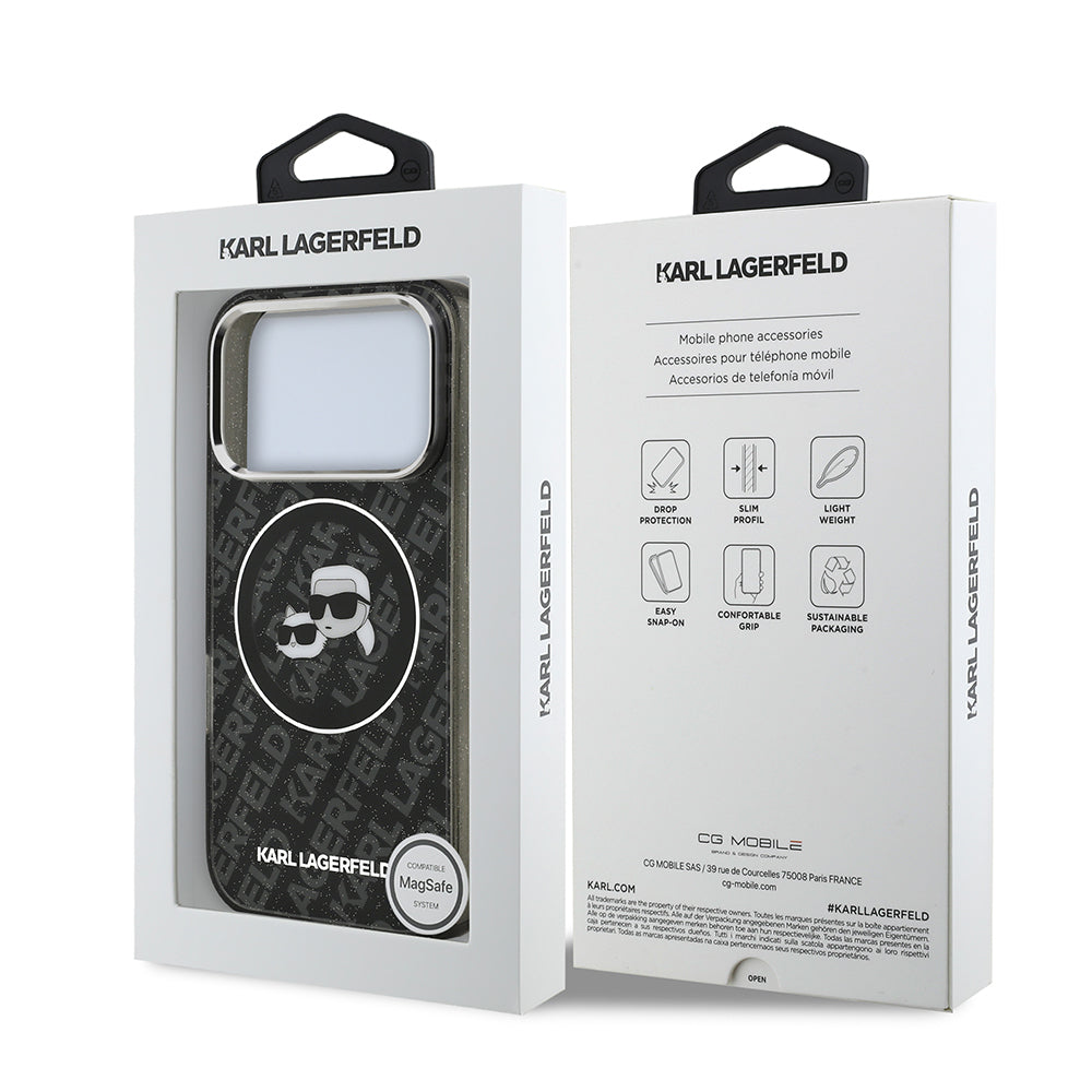 Apple iPhone 17 Pro Max Kılıf Karl Lagerfeld Orjinal Lisanslı Parlayan Simli Karl & Choupette Heads Kapak Siyah